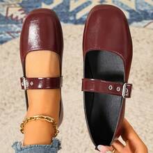 Women's Round Toe Low Heel Mary Jane Shoes, Metal Buckle Strap Shallow Vamp Shoes, Minimalist Korean Style Spring Autumn Commute Versatile Shoes - Burgundy - View 2