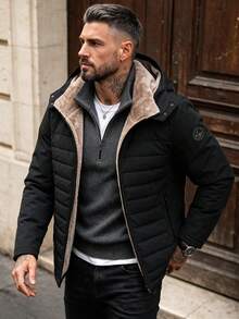 Men's Winter Casual Daily Stand Collar Detachable Hooded Fleece Jacket - Black - View 4