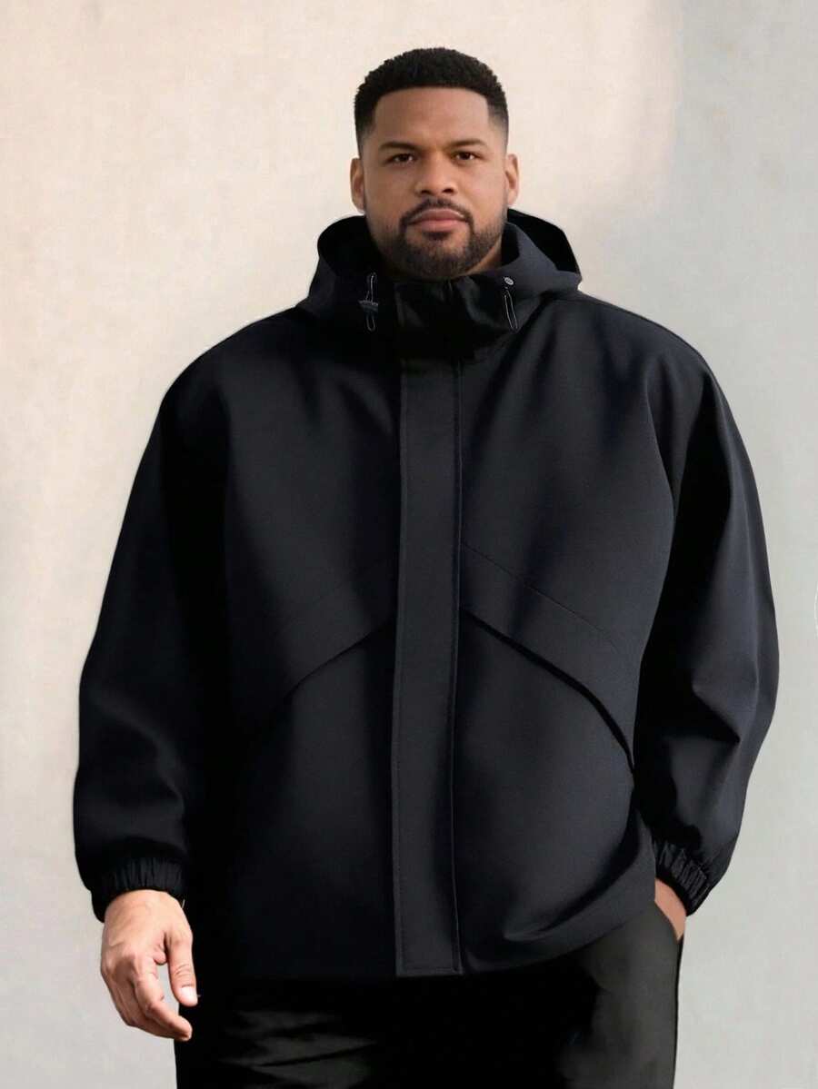 Plus Size Men's Spring/Autumn Outdoor Lightweight Zip-Up Hooded Jacket - Black - View 1