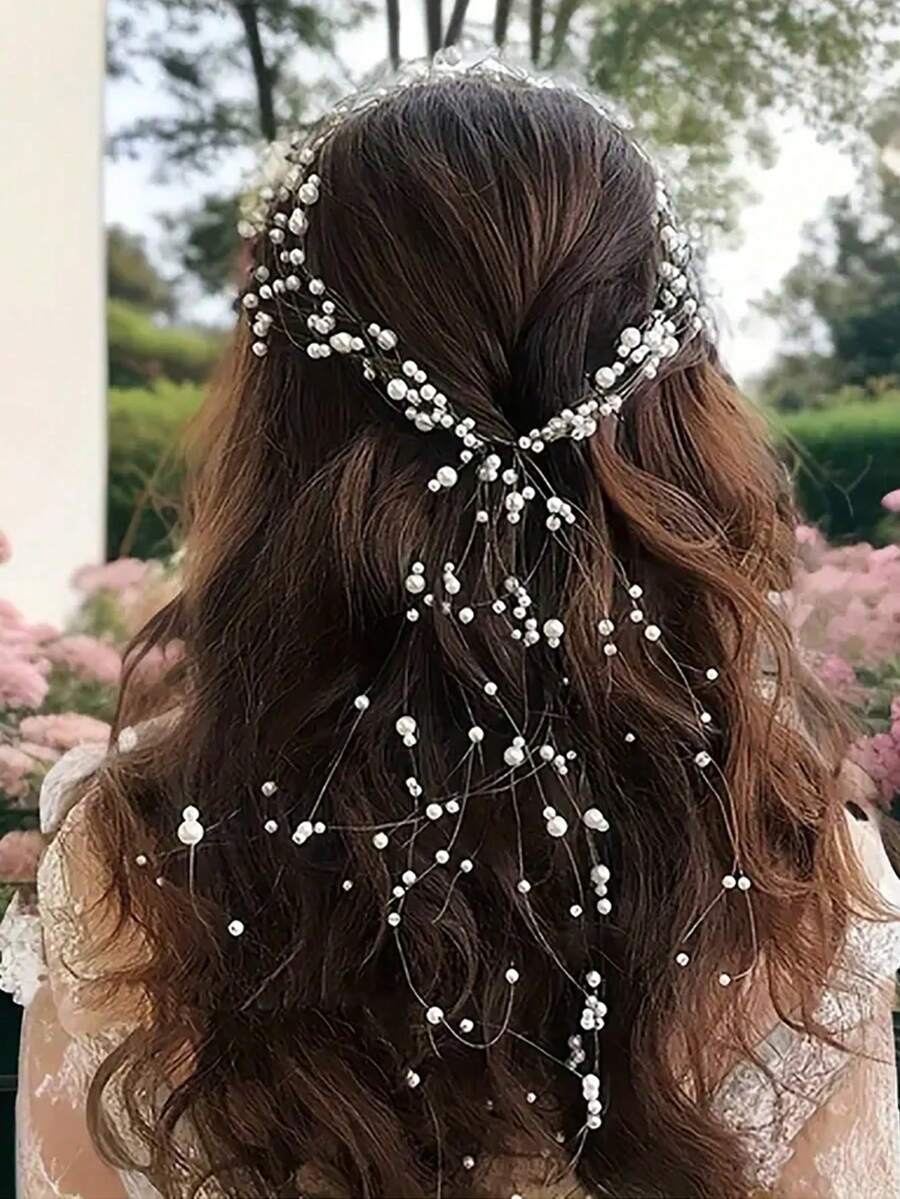 1pc Kids Pearl Hair Vine Headpiece, Long Beaded Hair Chain For Girls ...