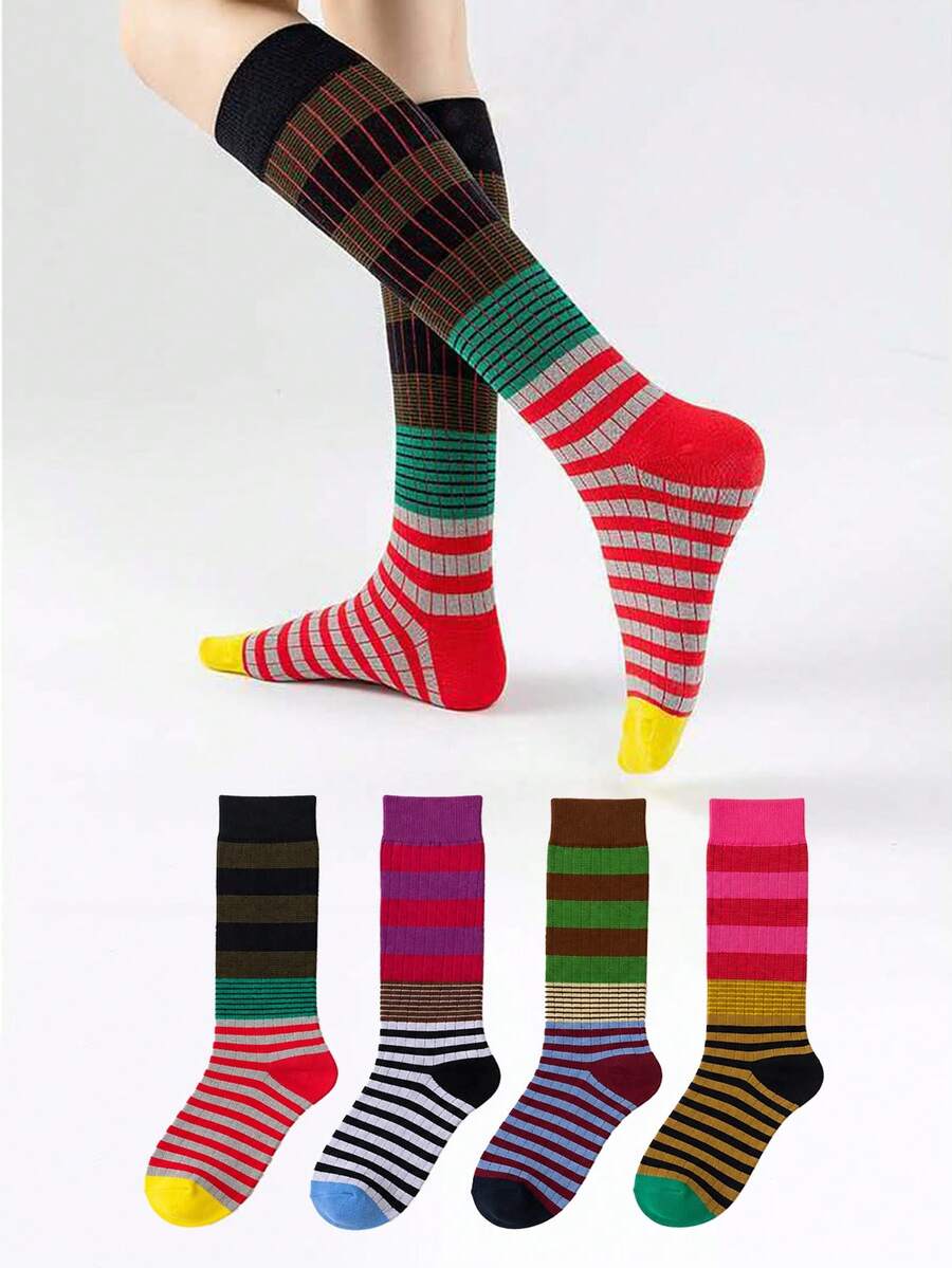 1 Pair Vintage Colorful Contrast Stripe Knit Calf Socks, Fashionable Versatile Daily Calf Socks - Multicolor - View 1