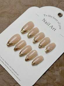 10 piezas de uñas postizas de moda de alta gama, hechas a mano, con polvo de espejo dorado albaricoque, perlas francesas, línea 3D, diseño minimalista exquisito - Dorado - Ver 2