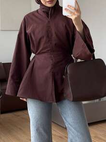Women's Casual Minimalist Front Button Long Sleeve Back Tie Waist Cardigan, Solid Color Front Button Back Tie Open Front Top For Daily Wear And Dating - Reddish-brown - View 1