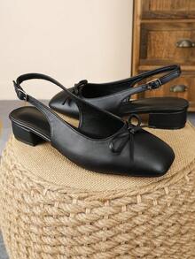 XBYASDF 女款黑色蝴蝶結粗跟方頭露跟扣帶3cm高跟鞋，優雅通勤舒適涼鞋 - 黑色 - 查看 6