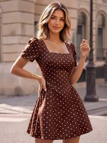 Perirose Women's BrownPolka Dot Square Neck Puff Sleeve Fit And Flare Mini Dress, Summer Fall Vacation Date Brunch Feminine A-Line Sundress - Brown - View 5