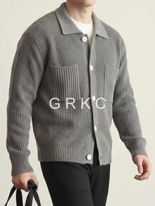 GRKC 秋冬韓系新款男士寬鬆長袖中性針織開襟衫，翻領單排扣設計 - 灰色 - 查看 5