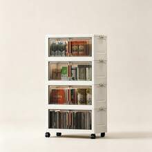 Armário Organizador Dobrável de 4 Camadas, Largura 48cm Branco Creme, Portas Semitransparentes à Prova de Poeira, Empilhável com Travas Laterais, Rodinhas 360° com Trava, Ideal para Apartamento Pequeno, Quarto, Cozinha e Sala L - Bege - Visão 7