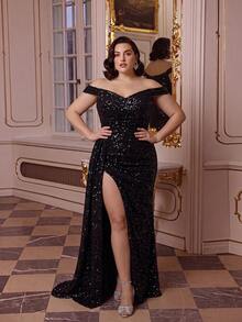 ADYCE Plus Size Off-Shoulder High Slit Sequin Cocktail Party Evening Gown - Black - View 5