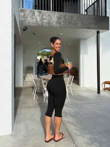 1pc Solid Color Tummy Control Butt Lifting Shaping Mid-Length Sports Shorts Black Summer - Black - View 11