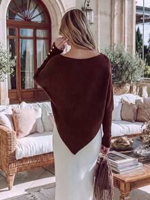 NiceArt Atasan Rajut Asimetris Wanita Warna Burgundy Chic untuk Musim Gugur, Sweater Bahu Terbuka dengan Kancing Manset Emas untuk Pakaian Sehari-hari, Kencan & Natal - Burgundy - View 2