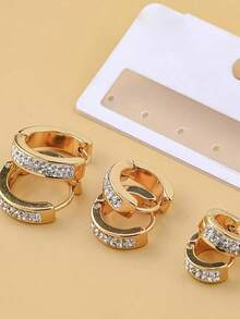 3 Pairs Women's Gold Tone Double Row Rhinestone Hoop Earrings Set - Multicolor - View 3