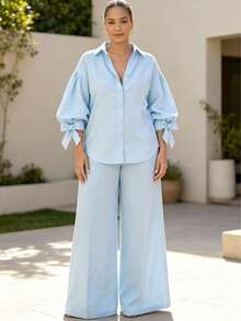 Women's Plus Size Fashion Light Blue Button-Up Shirt + Wide Leg Pants Set, Spring Outfit, Non-Stretch Fabric - Baby Blue - View 3