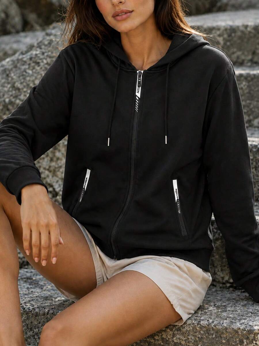 女款輕量拉鍊連帽外套,柔軟舒適夾克,適合健身與日常穿著,運動黑色 - 黑色 - 查看 1