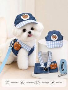 Denim Pet Harness Set, Cute Sun Hat And Matching Leash, Adjustable Outdoor Walking Vest, Suitable For Small Dogs, Medium Dogs And Cats Pet Costume/Cat Costumes - Multicolor - View 4