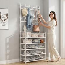 1pc 4-5 Tier Shoe Rack With Coat Hooks, Metal Entryway Coat Rack With 8 Hooks, Multi-Functional Large Capacity Shoe Storage Organizer, Sturdy Easy Assembly Space-Saving Coat Rack, Suitable For Entryway, Hallway, Foyer, Apartment, Dorm, Mudroom - Multicolor - View 4