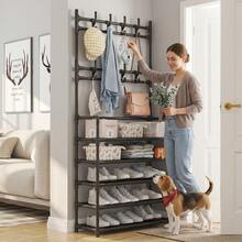 1pc 4-5 Tier Shoe Rack With Coat Hooks, Metal Entryway Coat Rack With 8 Hooks, Multi-Functional Large Capacity Shoe Storage Organizer, Sturdy Easy Assembly Space-Saving Coat Rack, Suitable For Entryway, Hallway, Foyer, Apartment, Dorm, Mudroom - Multicolor - View 6