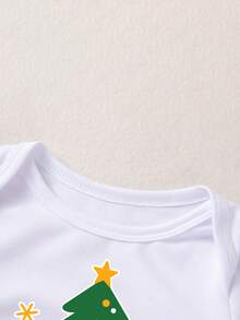 2pcs/Set Baby Girl Christmas Party Outfit Cartoon Christmas Tree Pattern Long Sleeve Romper Dress Fashionable Cute Infant Holiday Photo Outfit With Hair Accessory - White - View 9