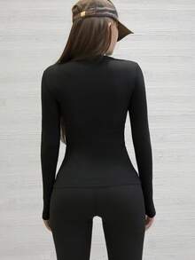 Ribbed Crew Neck Long Sleeve Top, Slim Fit High Stretch Basic Tee, Soft Comfy Solid Color Casual Layering Undershirt For Women - Black - View 3