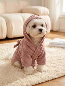 1pc Soft Plush Absorbent Pet Bathrobe, Solid Color Hooded Dog Bath Towel With Adjustable Waist Belt, Full Coverage Puppy Drying Robe, Suitable For Small And Medium Dogs Grooming And Bathing, Teddy Schnauzer Pajama Coat, Cat Wrap Blanket Clothing - Multicolor - View 2