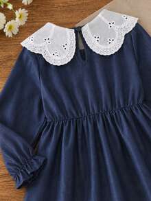 Autumn New Girls Toddler Imitation Denim Dress With Ruffled Collar, 3D Flower Bow, Long Sleeve, Sweet Versatile Loose Comfortable Breathable For School, Daily Wear And Outings - Blue - View 7