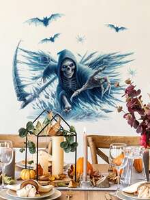 1pc Halloween Scythe Skeleton Wall Decor Sticker, Removable Room Wall Decal For Bedroom, Living Room, Entryway, Holiday Decoration - 1PC - View 1
