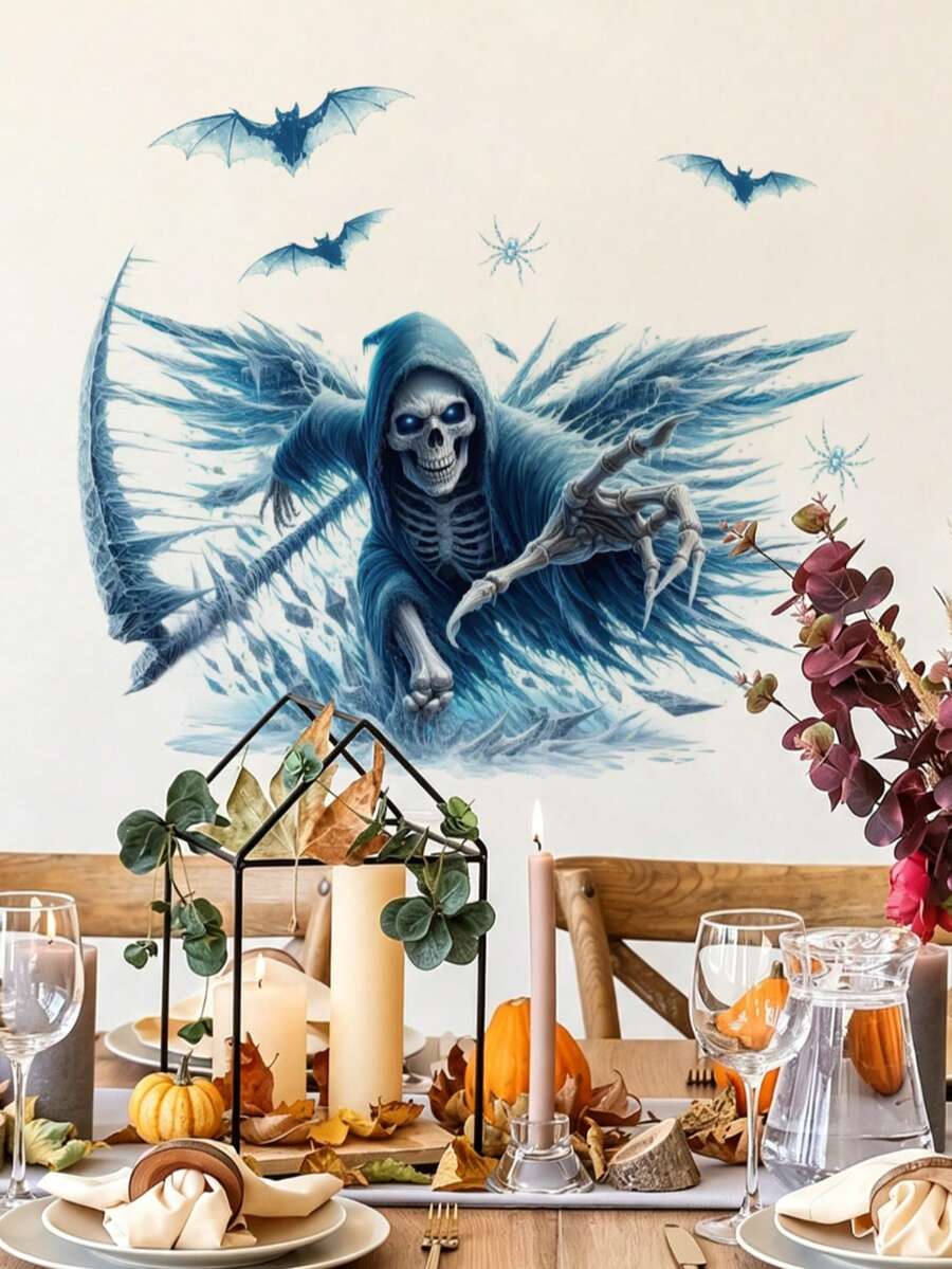 1pc Halloween Scythe Skeleton Wall Decor Sticker, Removable Room Wall Decal For Bedroom, Living Room, Entryway, Holiday Decoration - 1PC - View 1