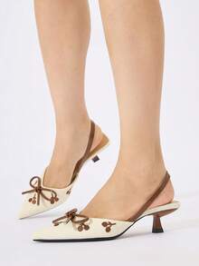 Women's Slingback Pumps With Bow, Floral Embroidery, Pointed Toe, Kitten Heel, Elegant Vintage Beige & Brown Fabric, Backless, Suitable For Daily, Dating, Office, Party, Spring, Summer, Autumn, Winter - Brown - View 4