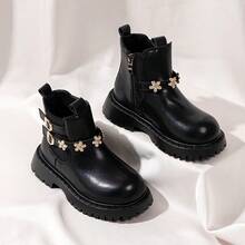 Girls' PU Leather Ankle Boots With Rhinestone Flower Decor, Metal Buckle, Side Zipper, Non-Slip Thick Sole, Ankle Boots Suitable For Daily School, Party, Wedding - Black - View 4