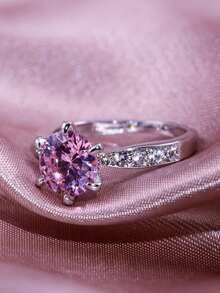 1pc Women's Round Pink Cubic Zirconia Ring, Suitable For Wedding, Engagement, Anniversary, Party Wear, Valentine's Day Gift, No Packaging Box - Pink - View 2