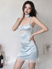 Top Dazzle Women's Glamorous Satin Texture Sleeveless Spaghetti Strap Short Dress, Lace Patchwork, Asymmetrical Hem - Blue - View 2