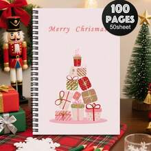 A5 Spiral Notebook, 100 Pages, 50 Sheets, 2D Flat Christmas Gift Box Tree Lid Pattern Cover, Wire-O Binding Lined Notebook, Holiday Theme Stationery, Back To School Supplies, Christmas Gift Notebook - Minimalist Christmas Style - View 9