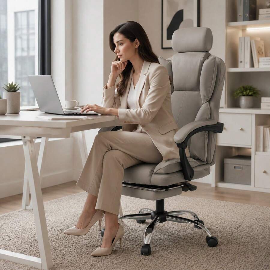 High Back Office Chair, Ergonomic Office Chair, Gaming Chair, Equipped With Sturdy Armrests And Retractable Footrest, Suitable For Both Entertainment And Office Needs - Light Grey - View 1