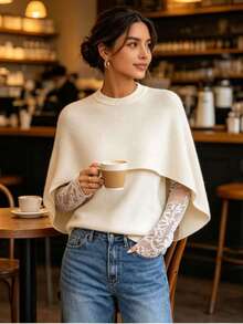 Elegant 2 Pieces Knit Set For Women, Round Neck Cape Shawl + Lace Mesh Long Sleeve Inner Top, Beige Commuter Layering Outfit - Apricot - View 2