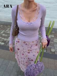 ARA CHIC 女款淺紫色羅紋針織長袖上衣，蕾絲飾邊深U領蝴蝶結設計修身甜美風秋季襯衫 - 淺灰紫 - 查看 2