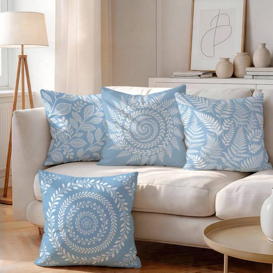 4pcs/1pc Blue And White Leaf Pattern Pillow Case Without Insert, Single-Sided Printed Pillow Case, Suitable For Living Room, Bedroom, Home Decor, All Season Pillow Case - Multicolor - View 1