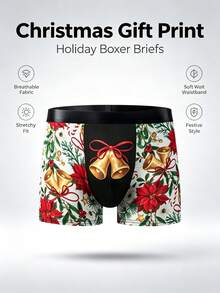 1PC Christmas Bell Floral Print White Men Boxer Underwear Elegant Festive Underwear - Multicolor - View 3