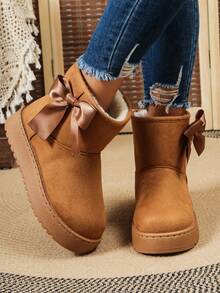 Solid Color Faux Suede Platform Ankle Snow Boots With Satin Bow Decor Fuzzy Lining For Women - Camel - View 4