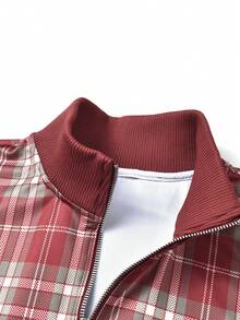 Men's Autumn/Winter Old Money Style Half-Zip Stand Collar Jacket, Plaid Striped Colorblock Pullover Sweatshirt - Red - View 4