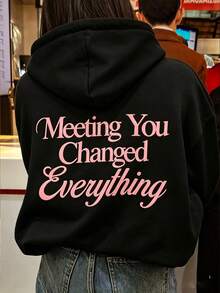 Letter Print Hooded Sweatshirt Casual Long Sleeve Drawstring Pullover Streetwear Daily Sweatshirt Y2K Outfit Casual Style Outfit - Black - View 2