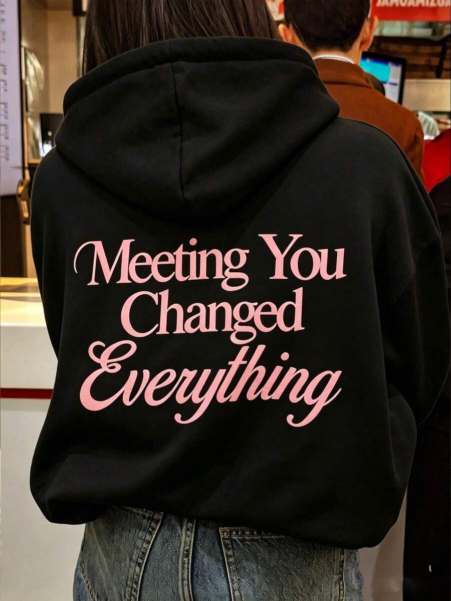Letter Print Hooded Sweatshirt Casual Long Sleeve Drawstring Pullover Streetwear Daily Sweatshirt Y2K Outfit Casual Style Outfit