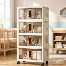 Armário Organizador Multiuso Dobrável 4 Andares Largura 48cm Cor Branco Creme, Portas Semitransparentes Fumê, Travas Laterais Empilháveis, Rodinhas Giratórias 360° com Sistema de Trava, Armazenamento à Prova de Poeira, Ideal para Roupas, Cosméticos, Brinquedos, Utensílios Domésticos, Livros,Quarto,  Cozinha e Sala - Visão 2