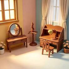 Set Furnitur Mini Rumah Boneka, Meja Rias Vintage, Kursi Meja, Rak Gantungan Jas, Lampu Meja, Dekorasi Miniatur untuk Tata Letak Adegan Rumah Boneka - MultiWarna - View 1