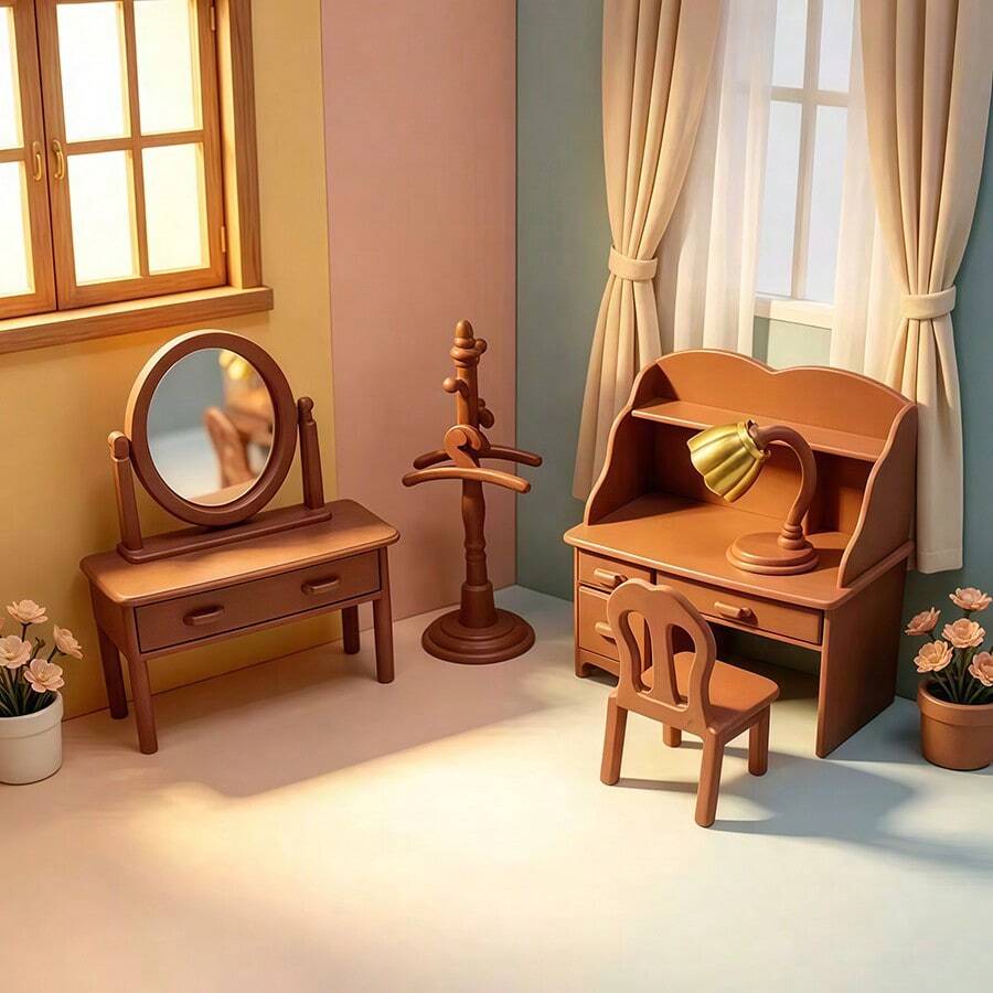 Set Furnitur Mini Rumah Boneka, Meja Rias Vintage, Kursi Meja, Rak Gantungan Jas, Lampu Meja, Dekorasi Miniatur untuk Tata Letak Adegan Rumah Boneka - MultiWarna - View 1