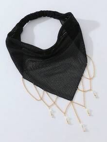 1件原創花卉刺繡捲邊珠飾鏈條裝飾女款髮帶，適合日常與度假使用 - 黑色 - 查看 3