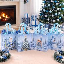 66/54pcs Reusable Non-Woven Fabric Tote Bags Christmas Theme - Snowman, Snow Lady & Christmas Tree Patterns With Sturdy Paperless Handles, Suitable For Christmas Party Decoration, Travel, Storage Gift Packaging (Blue) - View 10