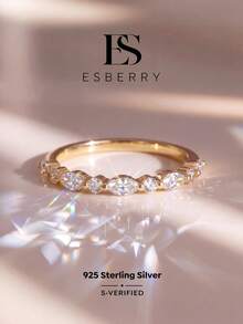 ESBERRY 1pc 1.5mm-2.5mm Horse Eye & Round Cut Wedding Band, Half Eternity Ring, Half Bezel Rhinestone Stackable Wedding Ring, Single Claw Setting - Gold - View 2
