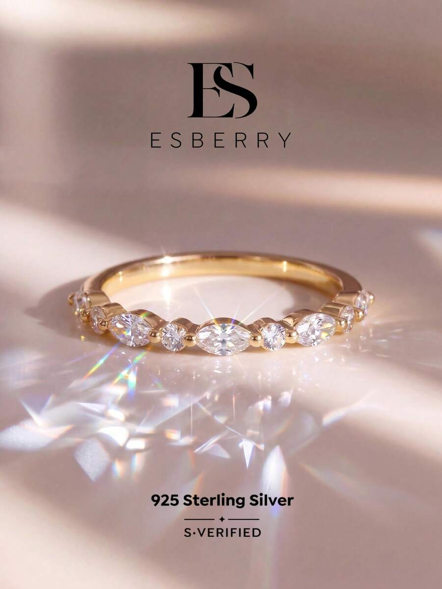 ESBERRY 1pc 1.5mm-2.5mm Horse Eye & Round Cut Wedding Band, Half Eternity Ring, Half Bezel Rhinestone Stackable Wedding Ring, Single Claw Setting