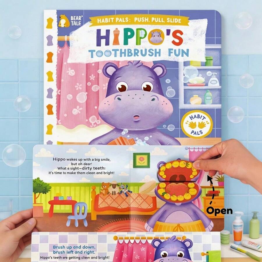 كتاب لوح منزلق Habit Pals، كتاب تفاعلي قابل للقلب لفرشاة أسنان فرس النهر، لعبة تعليمية لتدريب الأطفال الصغار على تنظيف الأسنان، هدية عيد ميلاد
