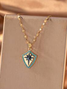 1pc Vintage Personalized Gold Shield Pendant Necklace, Suitable For Women's Daily Wear And Party, Clavicle Chain - Multicolor - View 6