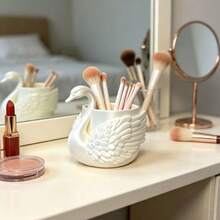 Coquette Aesthetic 3D Embossed Swan Makeup Brush Holder, Graceful Wing‑Sculpted Desktop Storage Cup, Multi‑Purpose Vanity Pen Organizer, Girly Dorm Table Decor Accessory - Multicolor - View 3